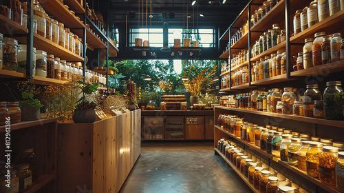 Apothecary shop with rows of herbal remedies, front view, Natural healing, futuristic tone, Splitcomplementary color scheme