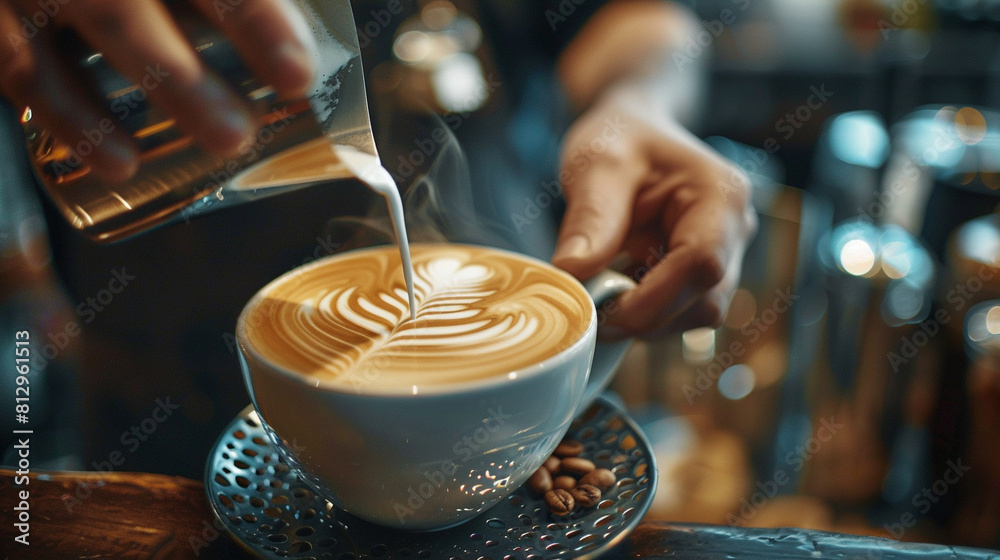 Barista crafting a latte with intricate art, front view, Coffee creativity, digital tone, vivid