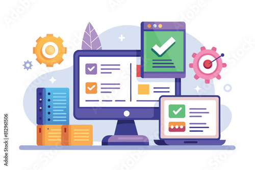 A computer monitor and a laptop, with a check mark displayed on the screen, Software tester Customizable Semi Flat Illustration