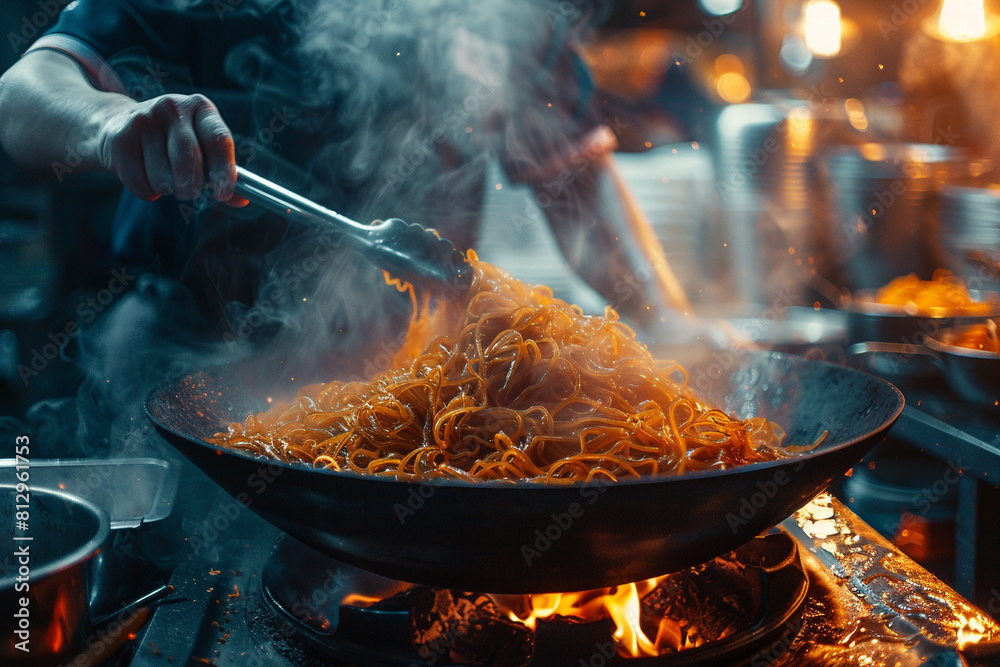 Curbside chef cooking noodles in a wok, front view, Sizzle and steam, robotic tone, Tetradic color scheme Curbside chef cooking noodles in a wok, front view, Sizzle and steam, robotic tone, Tetradic color scheme