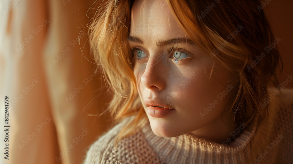 Retrato de mujer joven con suéter blanco sobre un fondo marrón Retrato de mujer joven con suéter blanco sobre un fondo marrón