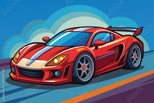 A red sports car zooms down the road in a customizable cartoon illustration, Sports car Customizable Cartoon Illustration