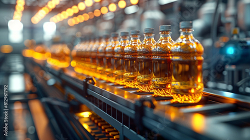 Energy drink production line incorporating guarana, front view, Boost of energy, futuristic tone, Splitcomplementary color scheme