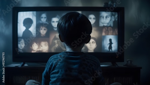 A child sitting in front of a television screen displaying various images