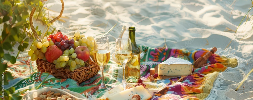 Fototapeta premium A colorful picnic blanket spread out on the sand with a basket overflowing with fresh fruit, cheese, and a bottle of chilled white wine with two glasses
