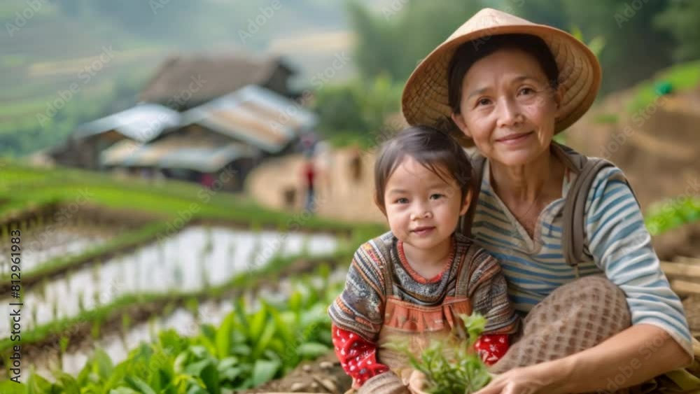 Vietnamese mother and child Terraced rice spa There are children in the background. Vietnamese mother and child Terraced rice spa There are children in the background.