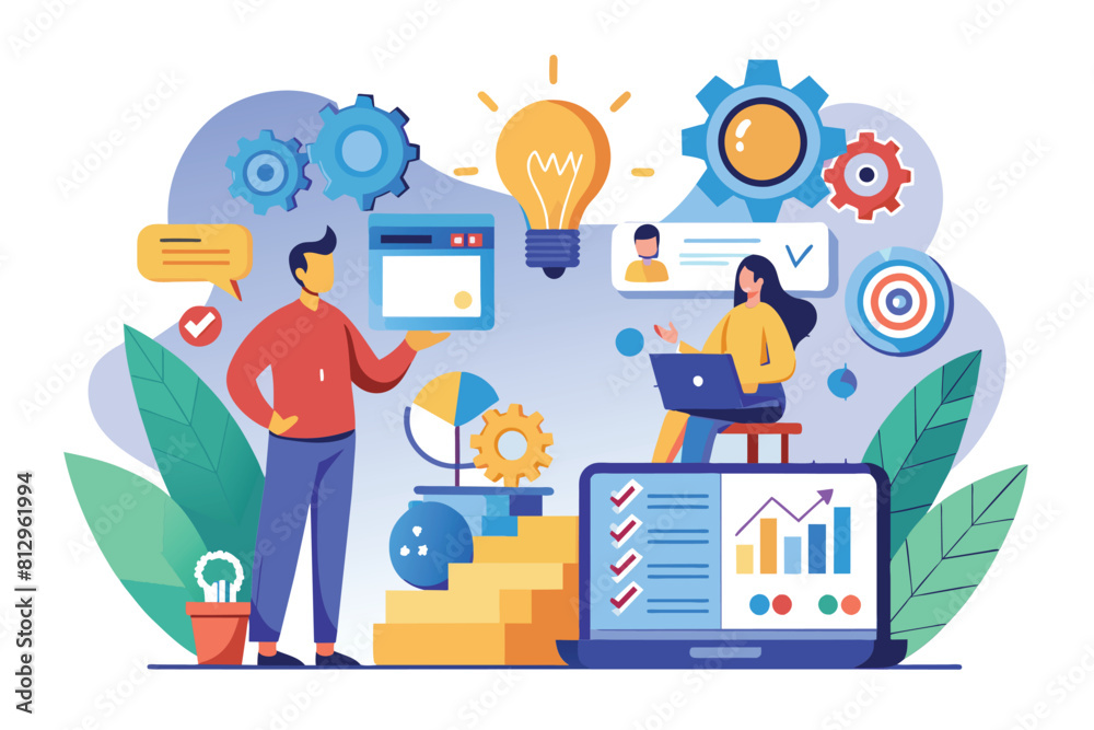 A man and a woman standing side by side, looking at a laptop screen together, Starting a business project Customizable Flat Illustration