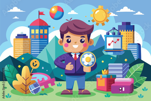 A man examines the cityscape through a magnifying glass, Starting a business project Customizable Cartoon Illustration