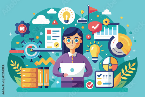 A woman stands in front of a laptop surrounded by icons, indicating she is working on a business project, Starting a business project Customizable Flat Illustration