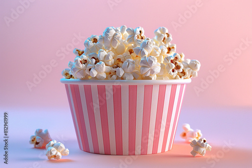 Gourmet popcorn in a striped tub, front view, Movie night snack, digital binary as object, colored pastel