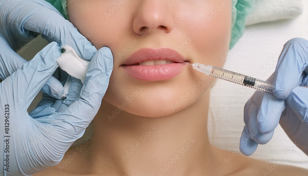 woman's lips. A surgeon wearing medical gloves carefully and slowly injects hyaluronic acid into a woman's lips using a syringe. lip augmentation procedure. beauty injections. Plastic surger woman's lips. A surgeon wearing medical gloves carefully and slowly injects hyaluronic acid into a woman's lips using a syringe. lip augmentation procedure. beauty injections. Plastic surger