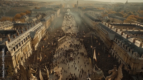 Parisian street with people from above, looks like a scene from Les Miserables.