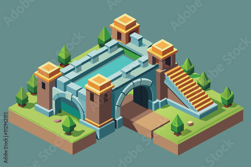 Isometric illustration of a low poly castle with a pool and a stone bridge, Stone bridge Customizable Isometric Illustration