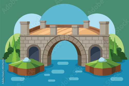 Stone bridge spans over rippling water below, creating a passage across the river, Stone bridge Customizable Semi Flat Illustration