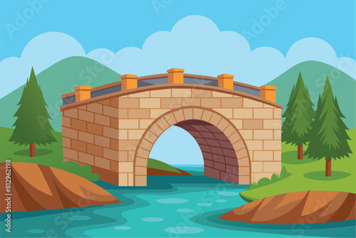 A stone bridge spans a river surrounded by lush trees in a scenic natural setting, Stone bridge Customizable Semi Flat Illustration