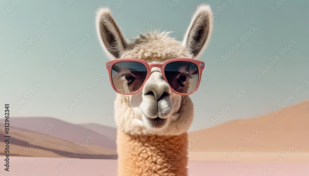 Obraz premium llama in sunglass shade glasses isolated on solid pastel background