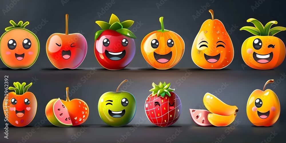 Cartoon fruit Kawi characters emoji set for phone cases and stickers. Concept Cartoon Characters, Fruit Inspired, Kawaii Style, Emoji Set, Phone Cases, Stickers Cartoon fruit Kawi characters emoji set for phone cases and stickers. Concept Cartoon Characters, Fruit Inspired, Kawaii Style, Emoji Set, Phone Cases, Stickers