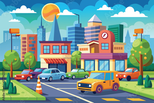 A crowded city street packed with vehicles in motion, showcasing the hustle and bustle of urban transportation, Street paid parking Customizable Cartoon Illustration