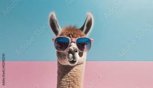 llama in sunglass shade glasses isolated on solid pastel background © Marko