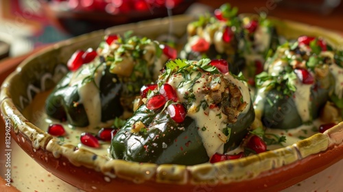 Poblano peppers stuffed with cheese and walnuts in a creamy walnut sauce, topped with pomegranate seeds and parsley. photo