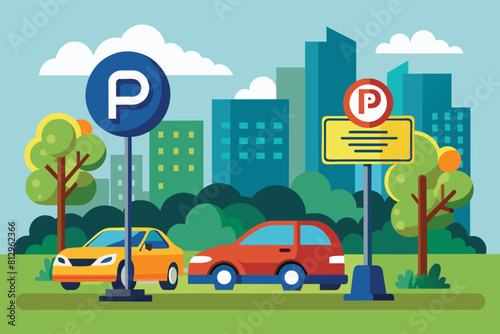 Various cars parked in a parking lot under a sign displaying parking rules, Street paid parking Customizable Disproportionate Illustration
