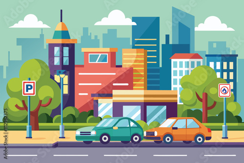 A city street with cars parked along the side, showcasing typical urban parking, Street paid parking Customizable Flat Illustration
