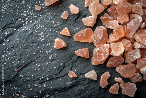 pink himalayan salt crystals scattered on a dark contrasting surface capturing their raw natural beauty food photography