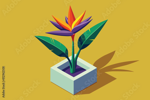 A vibrant flower in a white vase against a bright yellow backdrop, Strelitzia plant Customizable Isometric Illustration