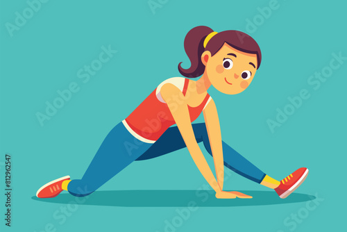 A woman is performing push ups on a blue background, Stretching exercises Customizable Cartoon Illustration