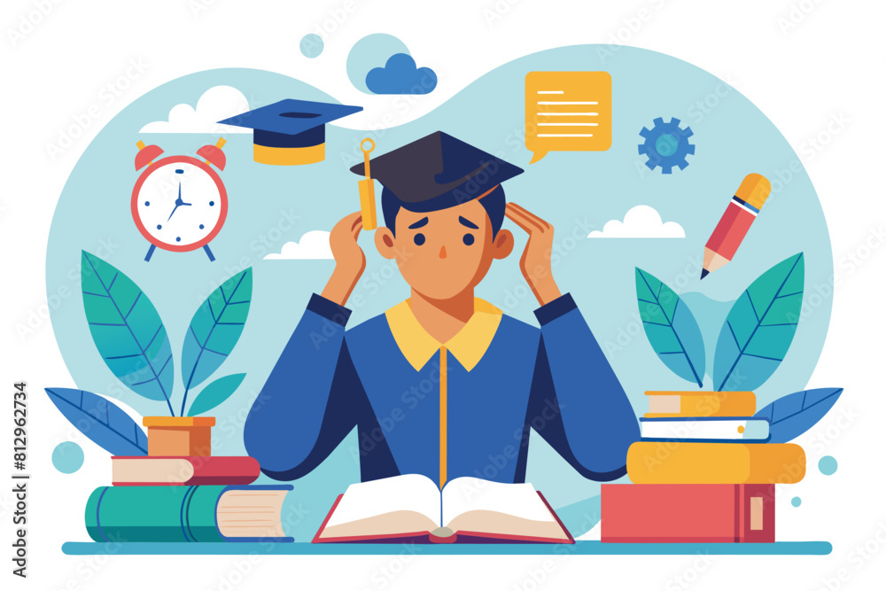 A man seated at a desk, reading a book with a clock beside him, Student stress Customizable Semi Flat Illustration A man seated at a desk, reading a book with a clock beside him, Student stress Customizable Semi Flat Illustration