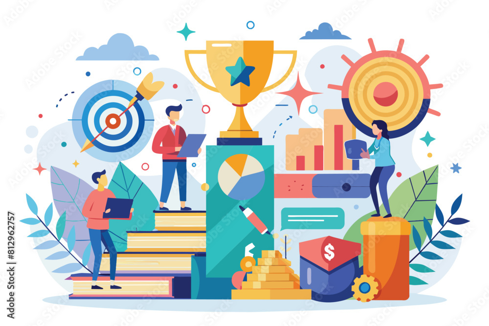 A group of individuals standing on a stack of books, Success factors Customizable Flat Illustration A group of individuals standing on a stack of books, Success factors Customizable Flat Illustration