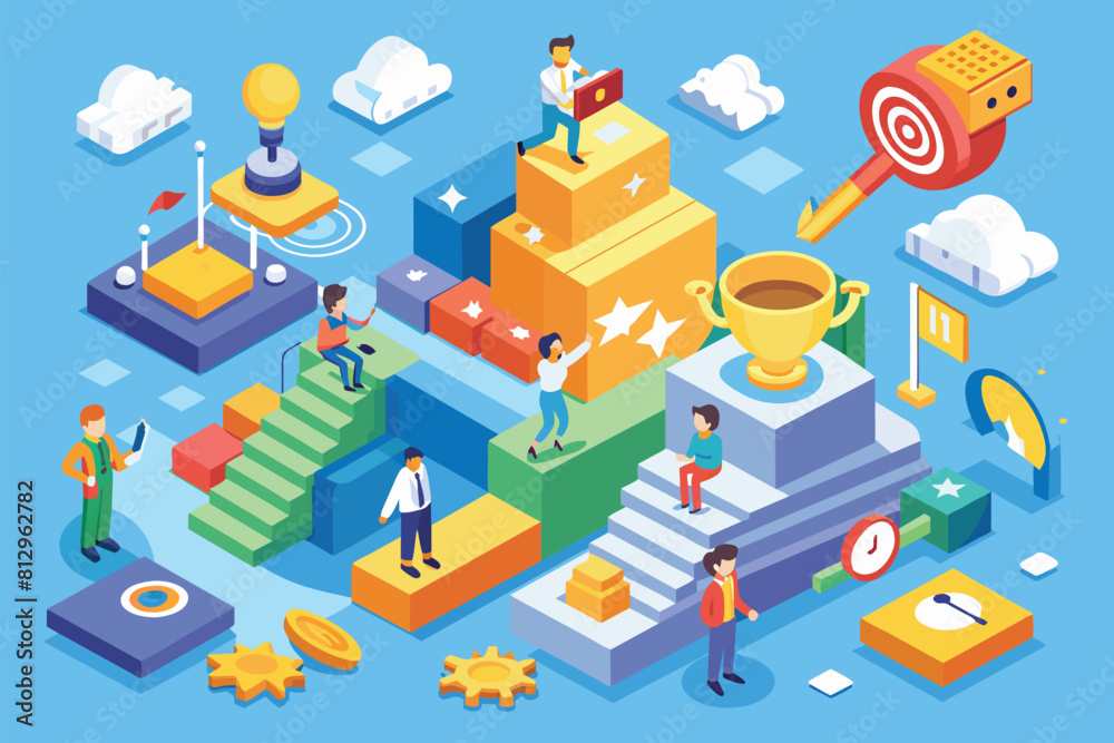 Several individuals standing together around a cup of coffee, engaging in conversation, Success factors Customizable Isometric Illustration Several individuals standing together around a cup of coffee, engaging in conversation, Success factors Customizable Isometric Illustration
