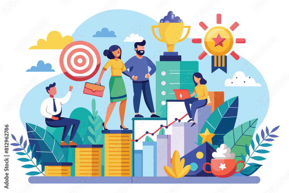 Several individuals standing on tall stacks of coins in a customizable semi-flat illustration, Success factors Customizable Semi Flat Illustration Several individuals standing on tall stacks of coins in a customizable semi-flat illustration, Success factors Customizable Semi Flat Illustration