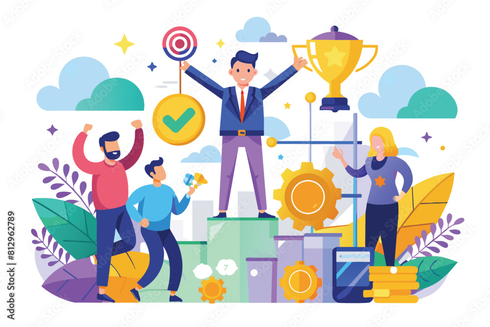 A man stands on a podium while being surrounded by a group of people in a semi flat illustration, Success factors Customizable Semi Flat Illustration