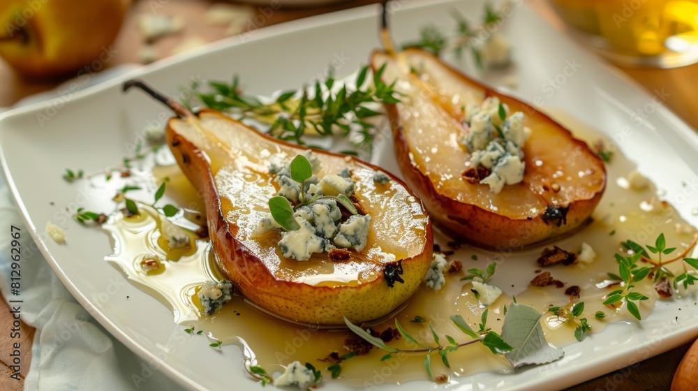 Baked pears with blue cheese, honey and herbs on a white plate.