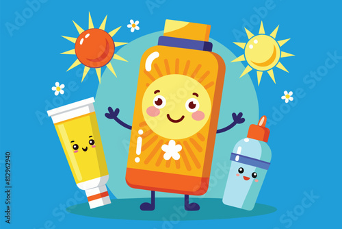 A bottle of sunscreen and a tube of sunscreen arranged together on a surface, Sunscreen Customizable Cartoon Illustration
