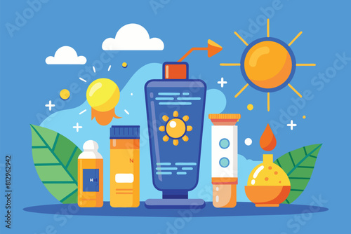 A bottle of sunscreen is placed next to assorted sunscreens on a surface, Sunscreen Customizable Disproportionate Illustration