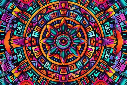 intricate aztec geometric mandala pattern colorful traditional mexican ethnic ornamental style digital illustration