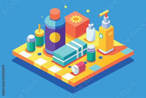 Assorted cosmetics neatly arranged on a vibrant blue surface, Sunscreen Customizable Isometric Illustration