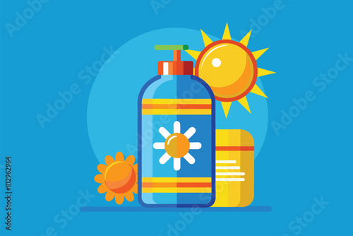 A bottle of sunscreen placed beside a blooming sunflower under the sun, Sunscreen Customizable Flat Illustration