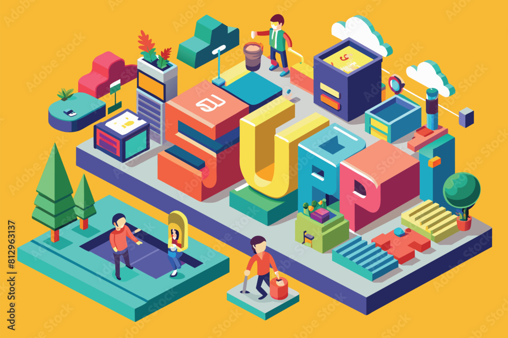 Diverse group of individuals standing around a vibrant, colorful object in a social gathering, Sup Customizable Isometric Illustration