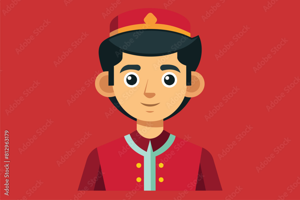 A man wearing a red uniform stands against a red background, Sup Customizable Disproportionate Illustration A man wearing a red uniform stands against a red background, Sup Customizable Disproportionate Illustration