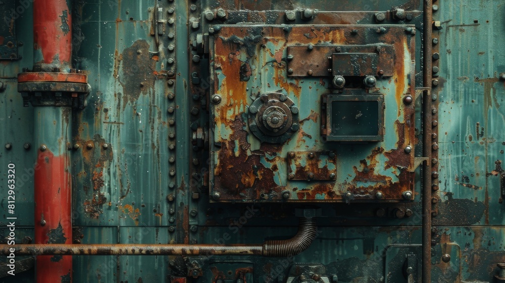 A rusted metal box with a red pipe sticking out of it