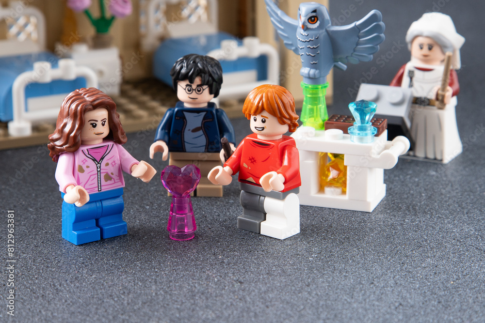 Fototapeta premium Lego Harry Potter minifigures. Children's designer toy made of bricks and plastic parts. Ukraine, Kyiv - January 17, 2024.
