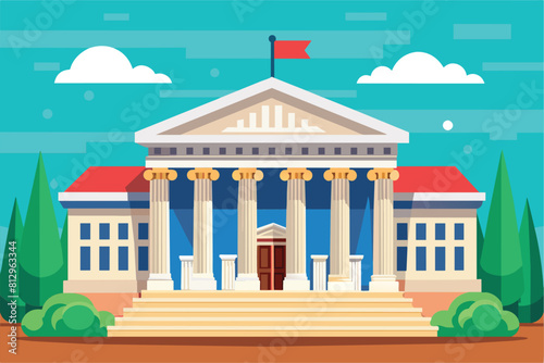A building resembling the Supreme Court with columns and a flag on top, Supreme court Customizable Semi Flat Illustration