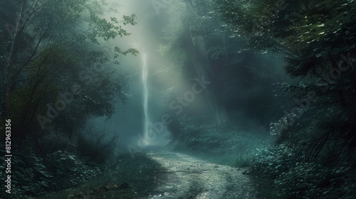 A dreamlike image of a forest path shrouded in mist  leading towards a hidden waterfall bathed in soft  ethereal light