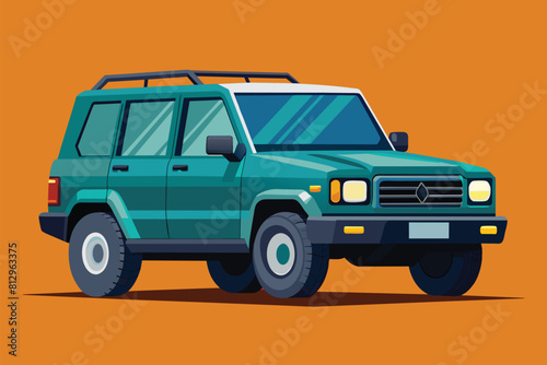 A green SUV with a white top is displayed on an orange background, Suv car Customizable Disproportionate Illustration