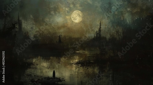 A painting of a moonlit night with a person standing on a lake