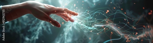 A hand reaching out of a computer screen, fingertips transforming into digital tendrils of light