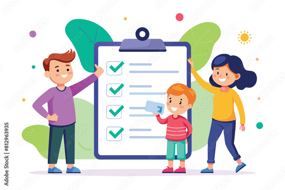 A family stands beside a clipboard with a checklist. The clipboard features a customizable team cartoon illustration, Team checklist Customizable Cartoon Illustration A family stands beside a clipboard with a checklist. The clipboard features a customizable team cartoon illustration, Team checklist Customizable Cartoon Illustration